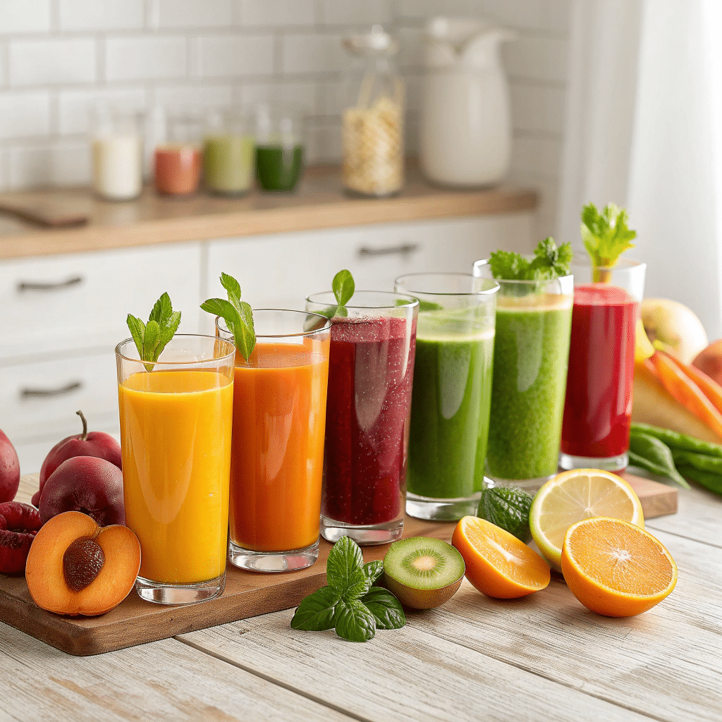 Seven glasses of assorted fresh juices on a wooden board, surrounded by apricot, kiwi, orange, apples, and leafy greens in a bright kitchen setting.