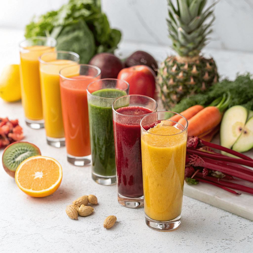 Seven colorful glasses of fresh juice with ingredients like pineapple, carrots, apples, oranges, and leafy greens in the background.