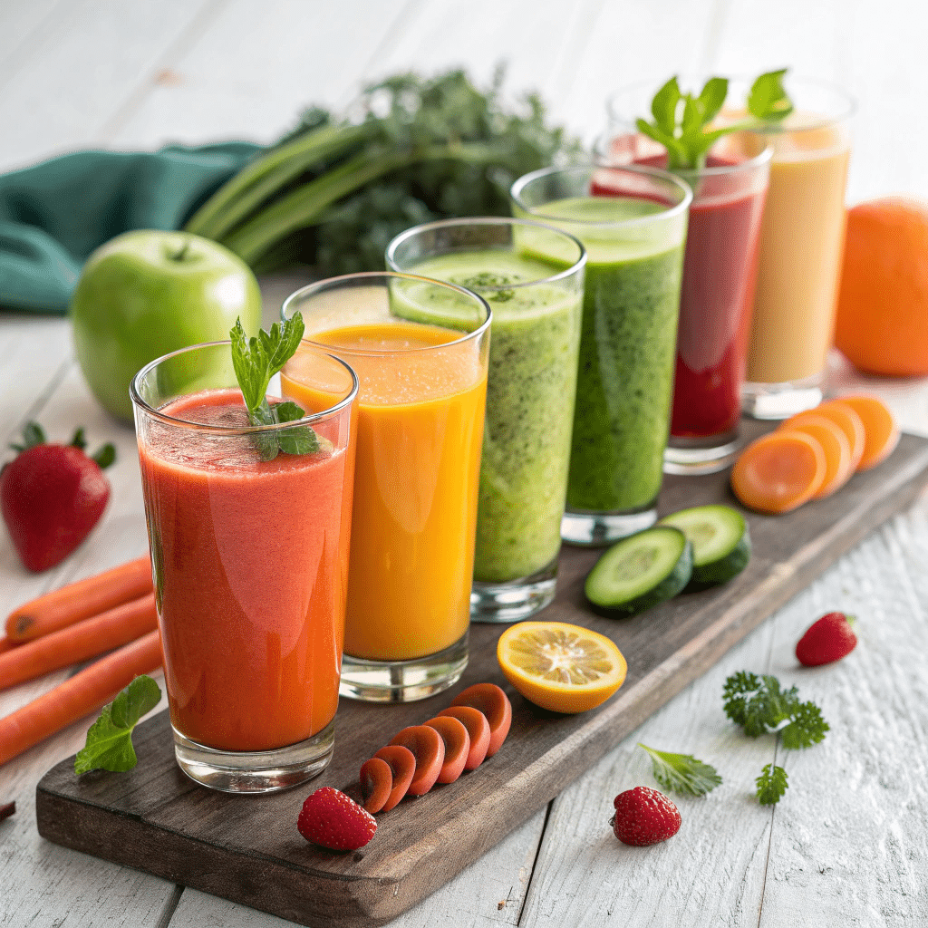 Seven glasses of vibrant juices on a rustic wooden tray, garnished with mint and surrounded by fresh produce like carrots, cucumbers, berries, and citrus.