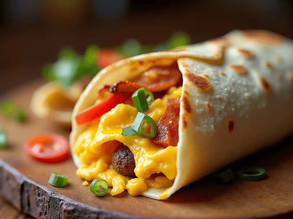 Delicious Breakfast Burrito with Eggs, Cheese, and Fresh Ingredients