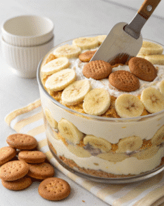 Layering classic banana pudding with cookies and bananas
