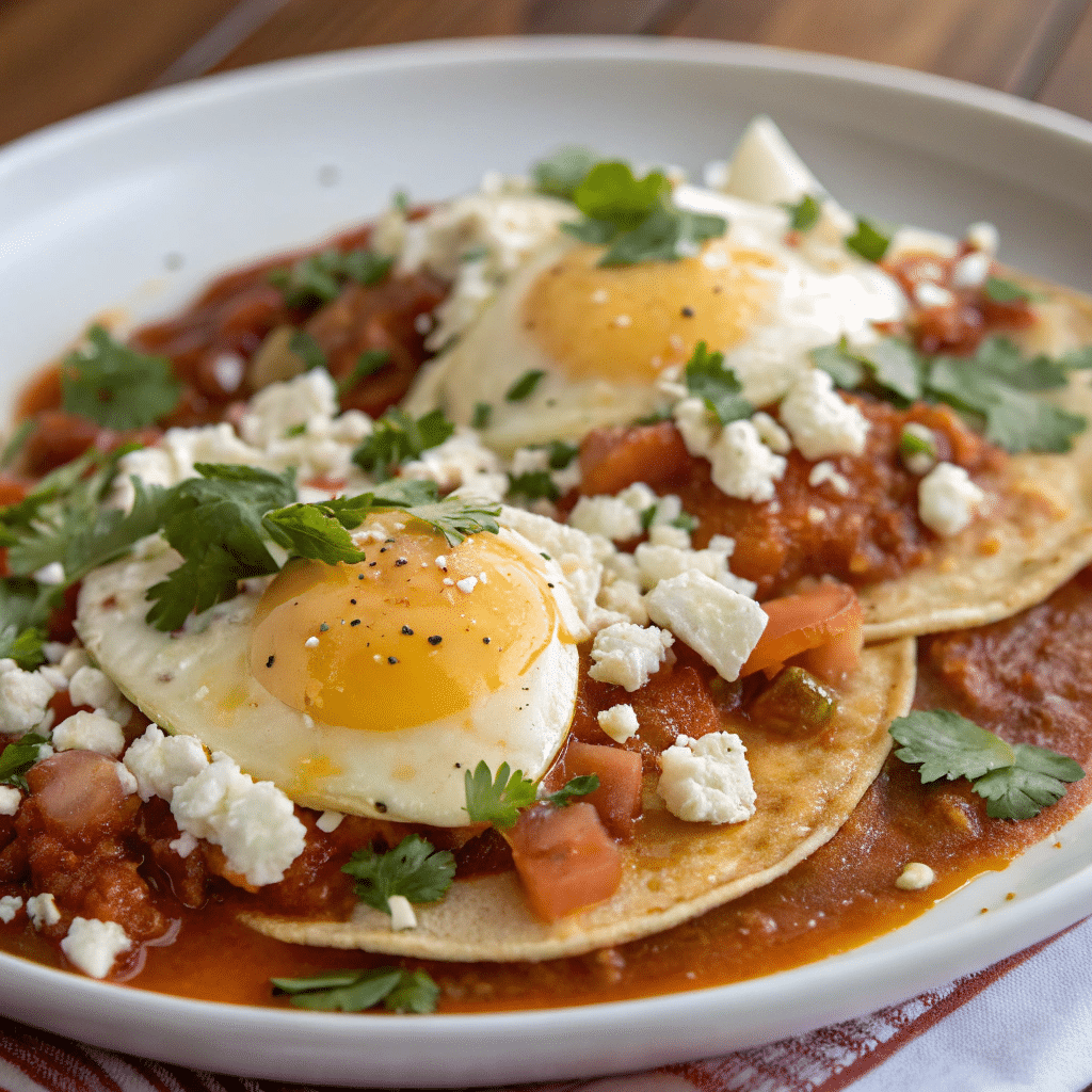Plate of huevos rancheros with two fried eggs, ranchero sauce, diced tomatoes, crumbled cheese, and cilantro on corn tortillas.