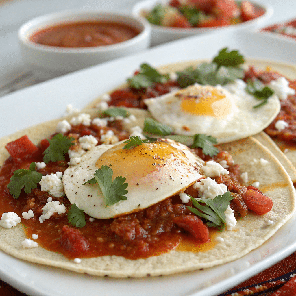 Two huevos rancheros topped with sunny-side-up eggs, ranchero sauce, crumbled cheese, and fresh cilantro on corn tortillas.
