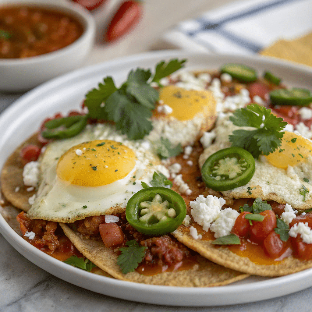 Three huevos rancheros on a plate, each with a sunny-side-up egg, ranchero sauce, crumbled cheese, cilantro, and sliced jalapeños.