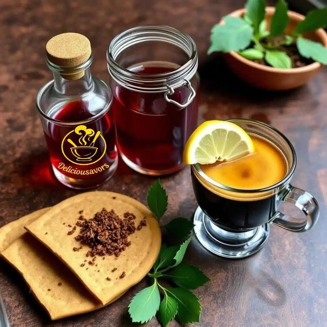 An assortment of coffee beverages and ingredients including espresso with lemon garnish, red tea in glass containers, and thin pancakes with chocolate shavings on a dark wooden surface with fresh mint leaves.