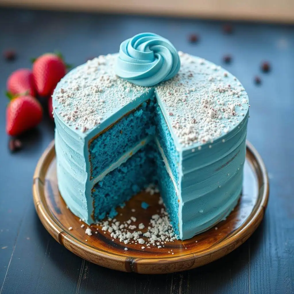 A vibrant turquoise blue cake with a slice removed, showing multiple layers, topped with a decorative frosting swirl and white sprinkles, served on a wooden cake stand with strawberries in the background.