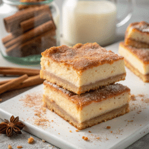 Churro cheesecake slice with cinnamon sugar crust