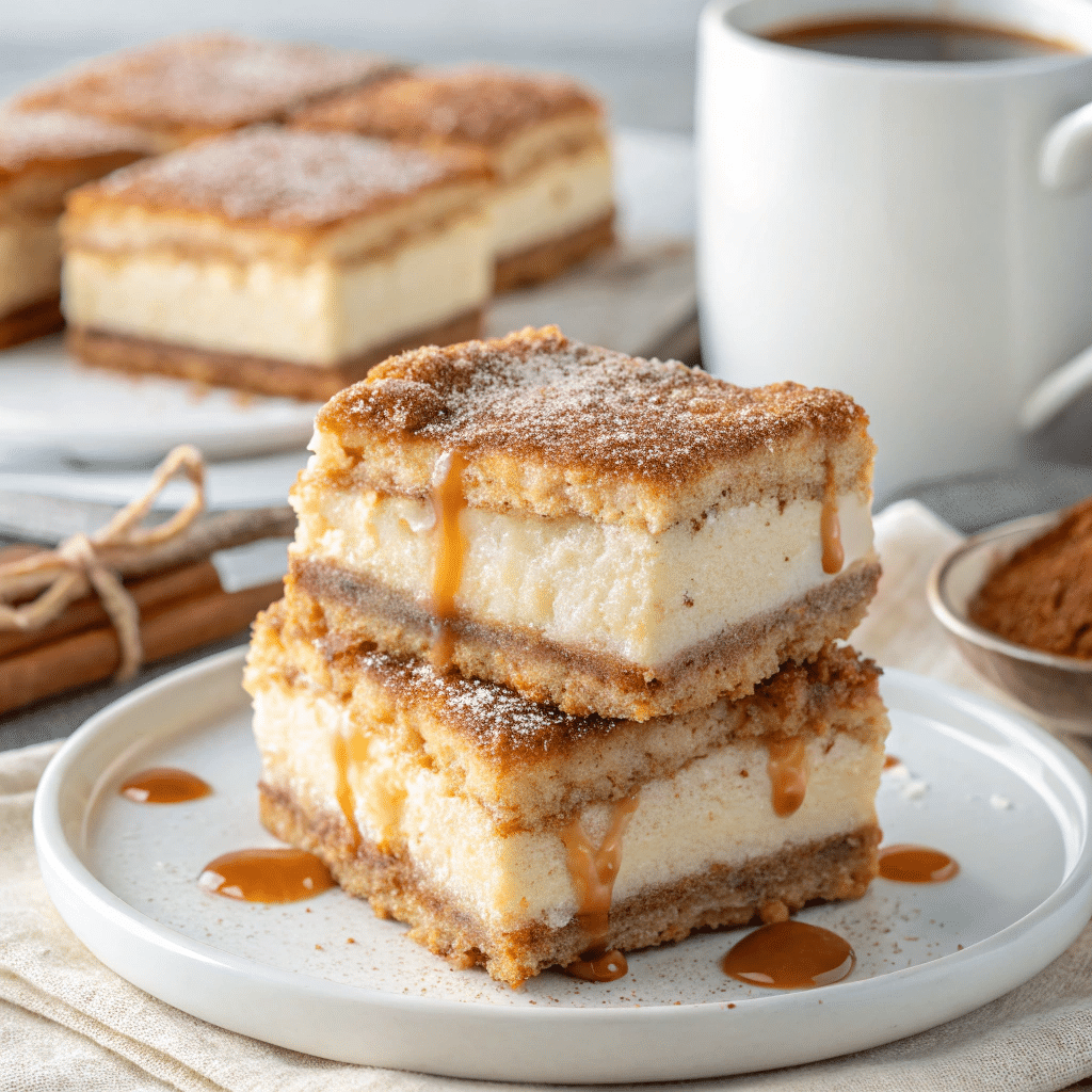 Churro cheesecake slice with cinnamon sugar crust