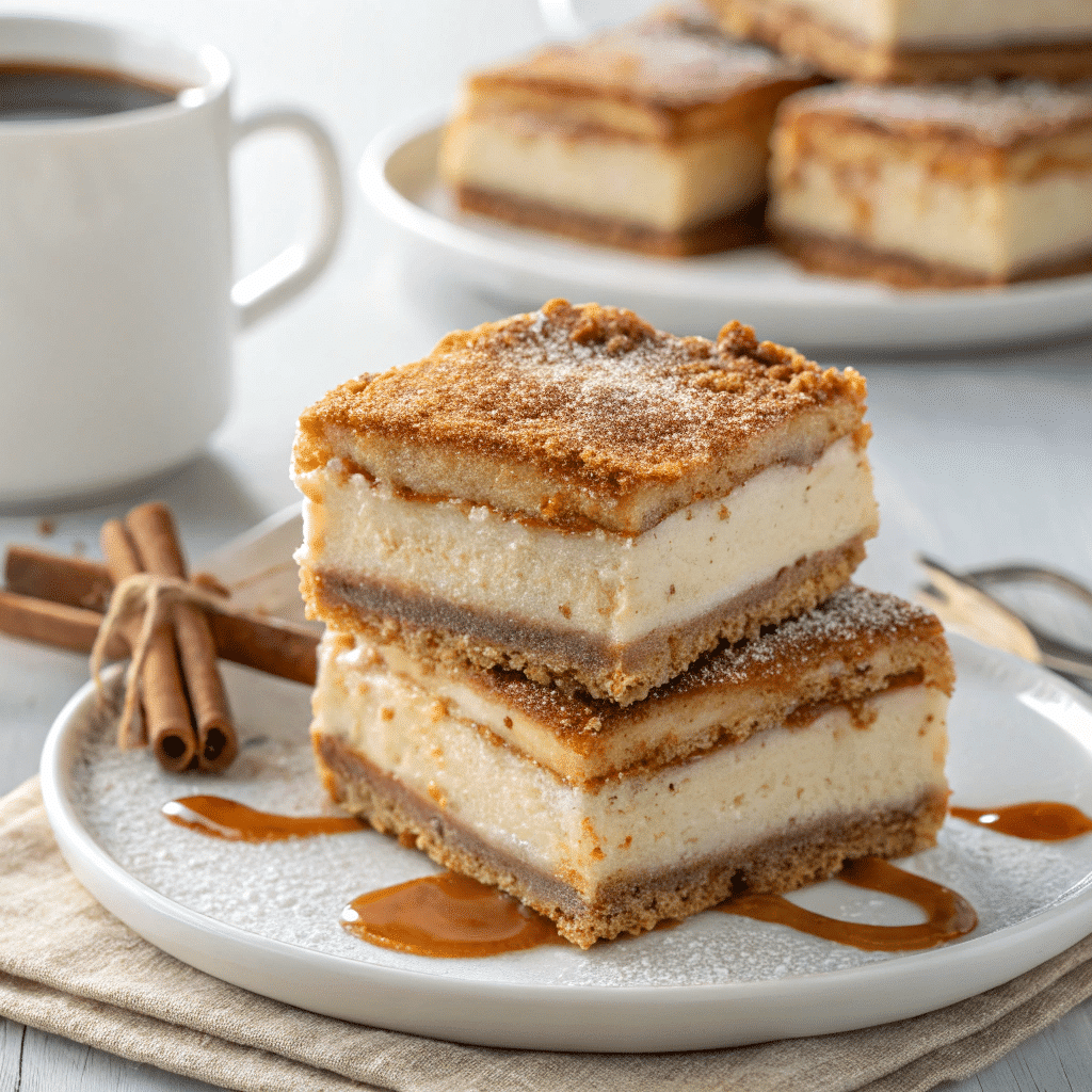 Churro cheesecake slice with cinnamon sugar crust