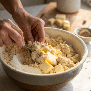 Mixing apple crumble topping