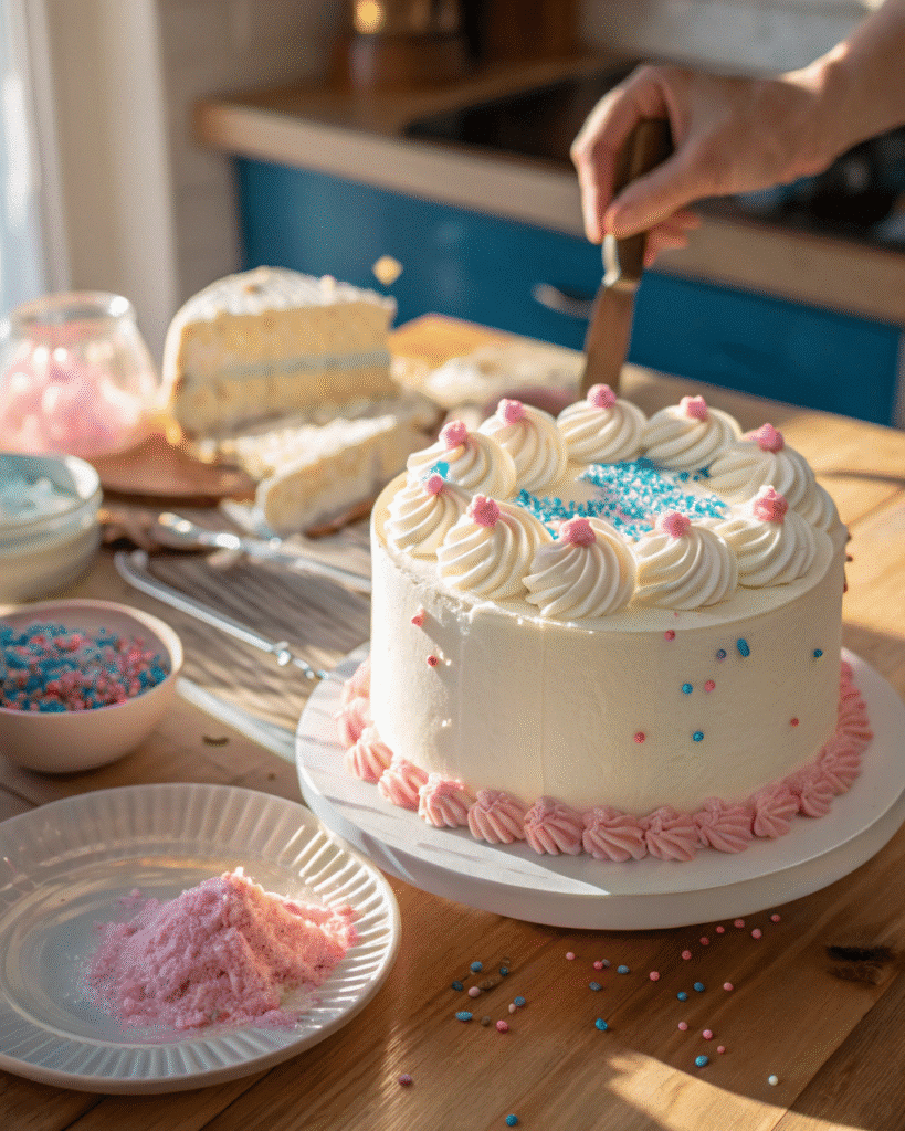 Gender Reveal Cake recipe on kitchen table