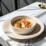 Crab brûlée served in a white ramekin, topped with a crab claw and fresh herbs, presented on a beige plate on a marble table.