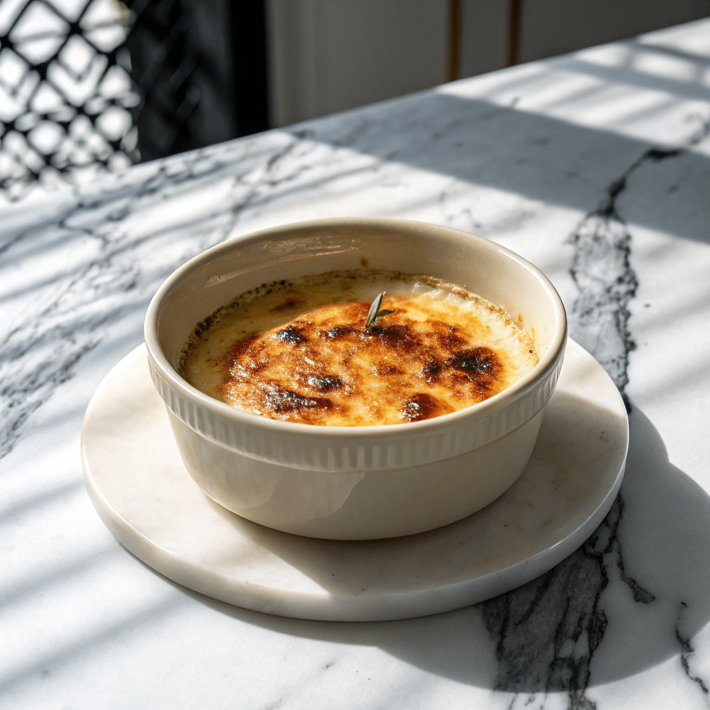 Crab brûlée in a white ramekin with a golden caramelized top, garnished with a small sprig of green herb, set on a marble surface.