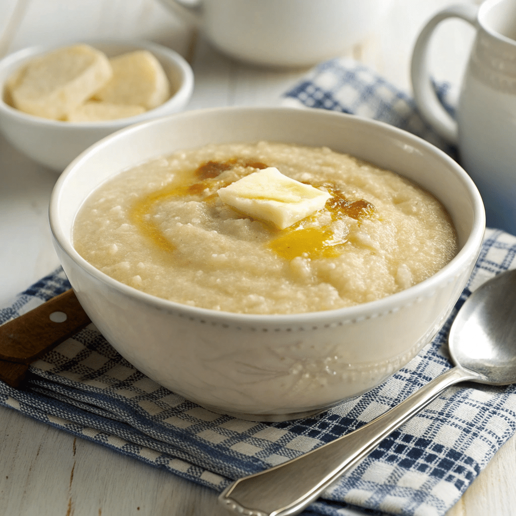 Bowl of Cream of Wheat topped with a pat of butter and a drizzle of syrup, placed on a blue checkered napkin with a spoon and biscuits in the background.