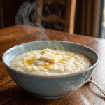 Steaming bowl of Cream of Wheat with melting butter and syrup, served in a blue bowl on a wooden table.