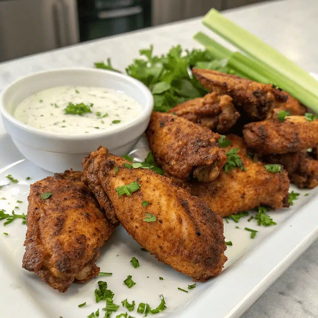 A white rectangular platter with crispy Cajun chicken wings, a side of creamy dipping sauce, fresh celery sticks, and parsley garnish, on a light marble surface.