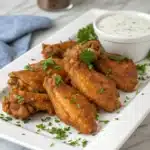 A white rectangular platter piled with golden-brown crispy Cajun chicken wings, garnished with fresh parsley, served alongside a small white bowl of creamy dipping sauce, on a marble countertop with a blue napkin in the background.