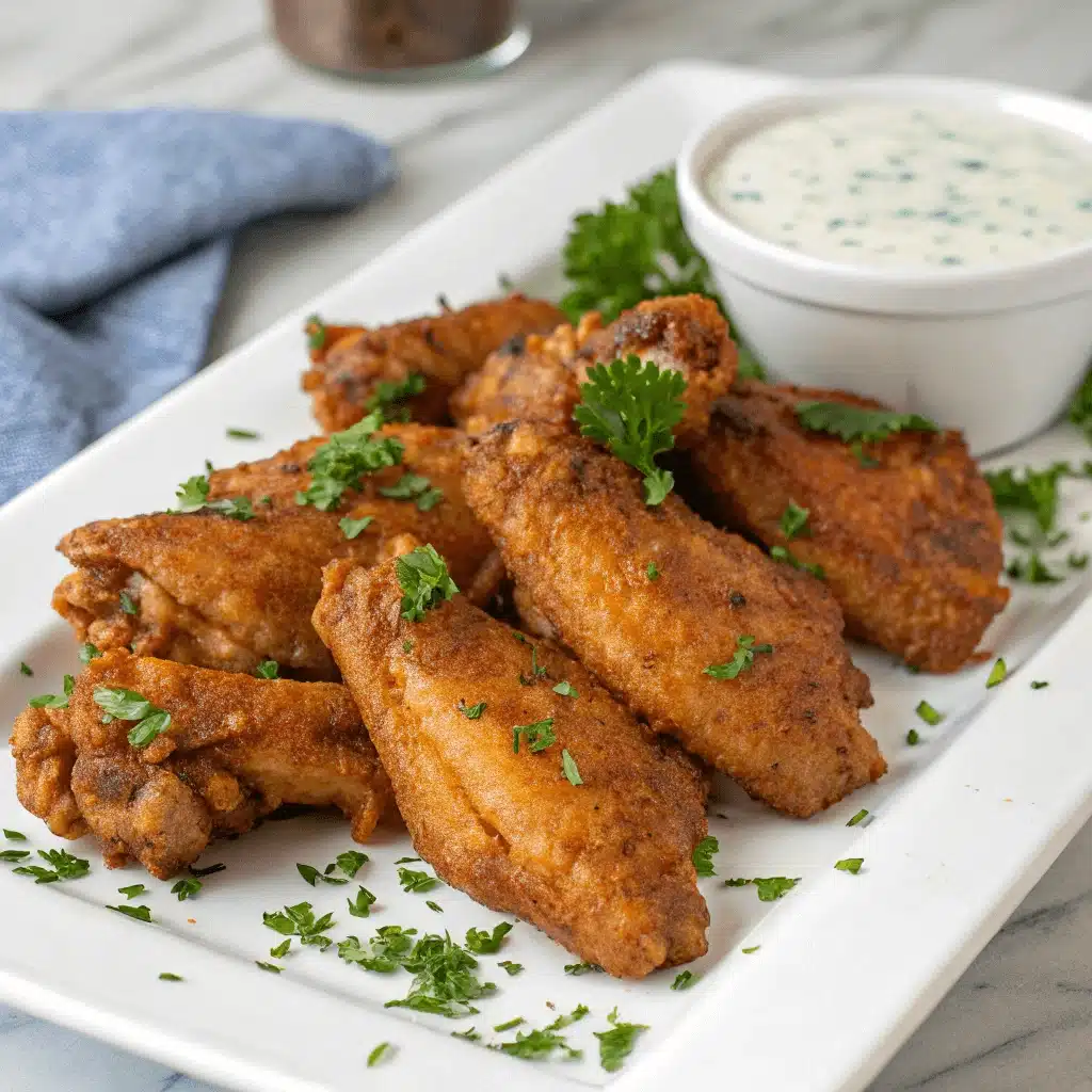A white rectangular platter piled with golden-brown crispy Cajun chicken wings, garnished with fresh parsley, served alongside a small white bowl of creamy dipping sauce, on a marble countertop with a blue napkin in the background.