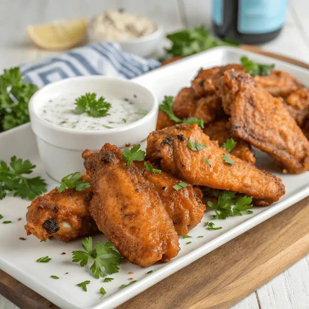 A white rectangular platter of crispy Cajun chicken wings sprinkled with parsley, served with a creamy dipping sauce, on a wooden board with a lemon wedge and blue-striped napkin in the background.