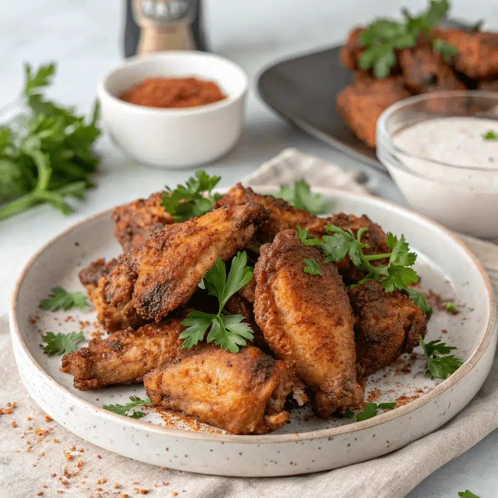 A light grey speckled plate holding a mound of crispy Cajun chicken wings, generously dusted with spices and fresh parsley, with bowls of seasoning and dipping sauce blurred in the background.