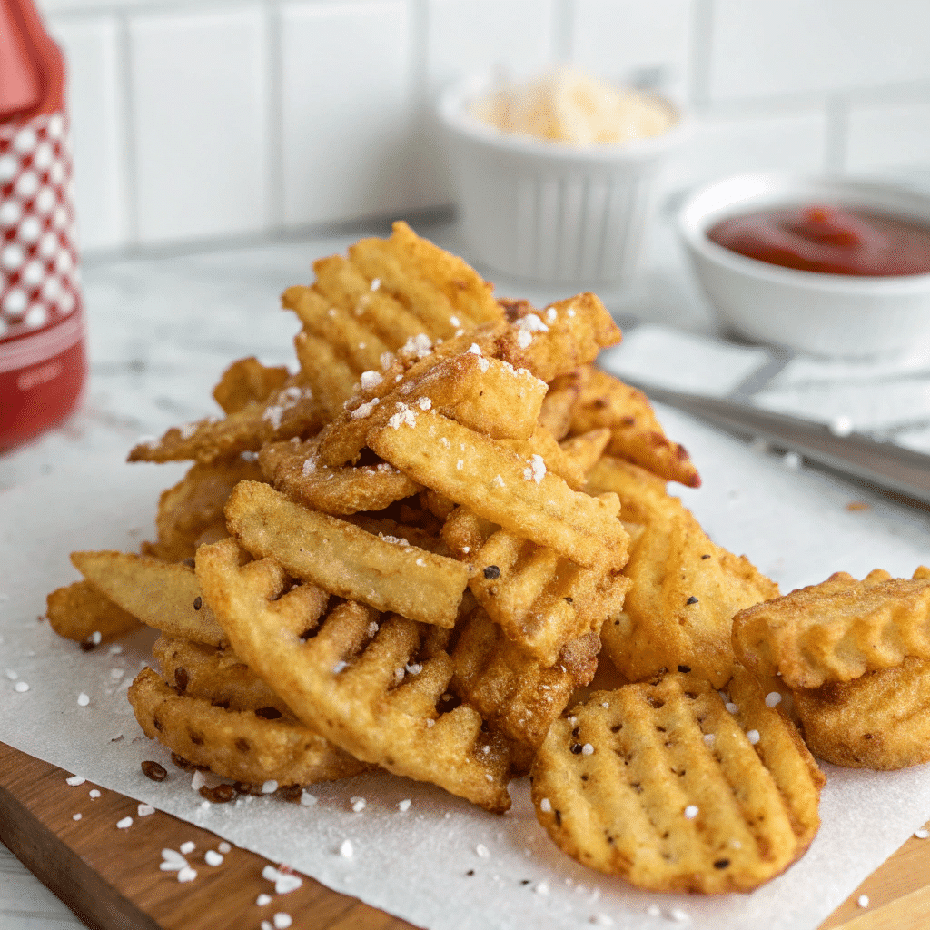 Crispy Chick-fil-A style waffle fries stacked on parchment paper, sprinkled with salt, with ketchup and cheese in the background.