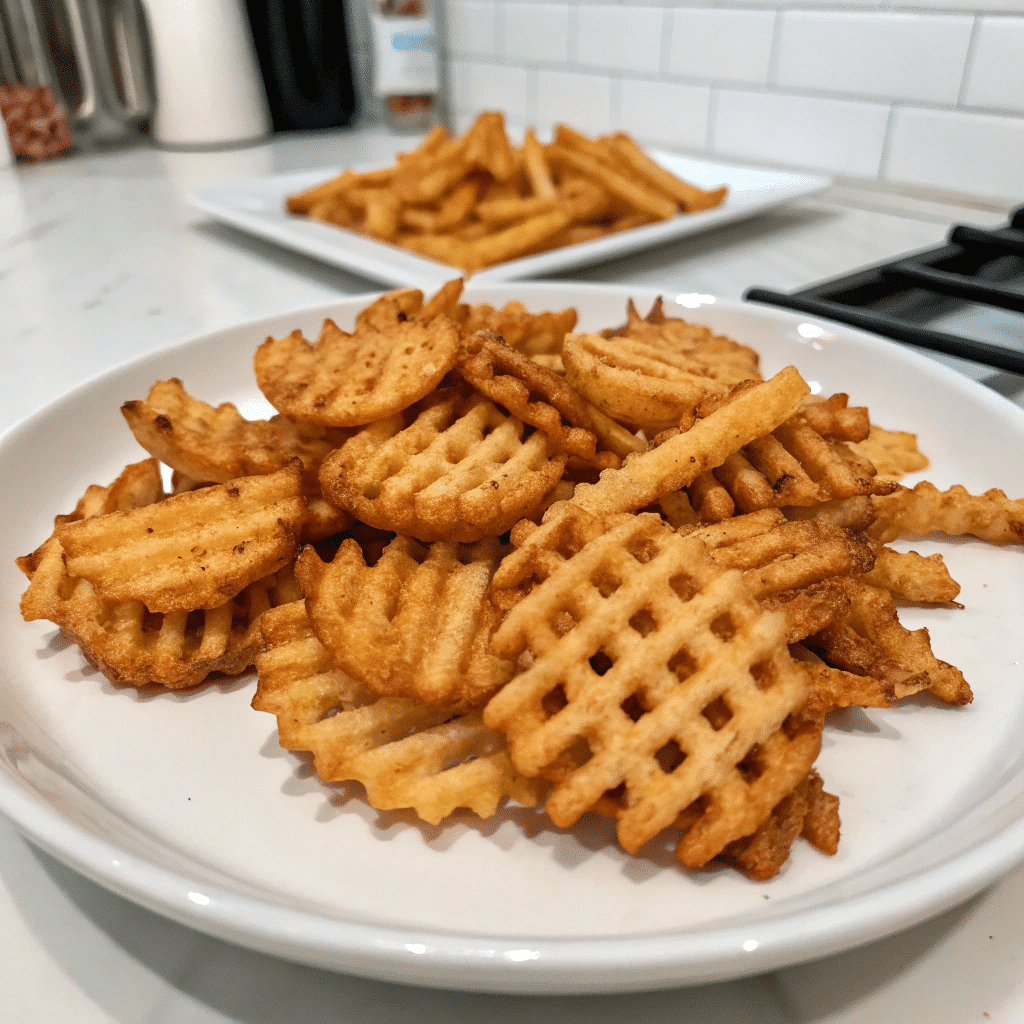 Plate of Chick-fil-A waffle fries on a kitchen counter, with another plate of fries in the background.