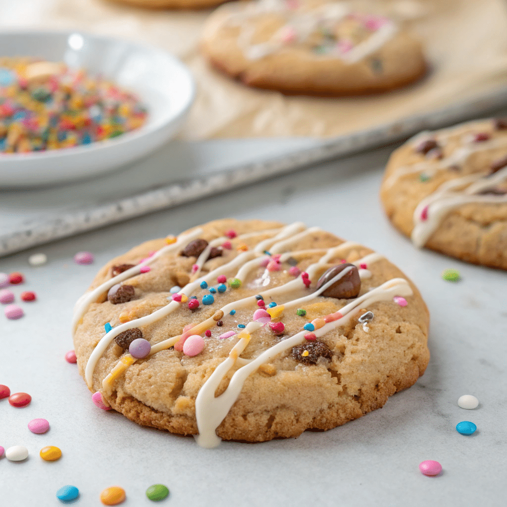 Crumbl cookie topped with colorful sprinkles and chocolate chips, drizzled with white icing, surrounded by scattered candy sprinkles on a marble surface.
