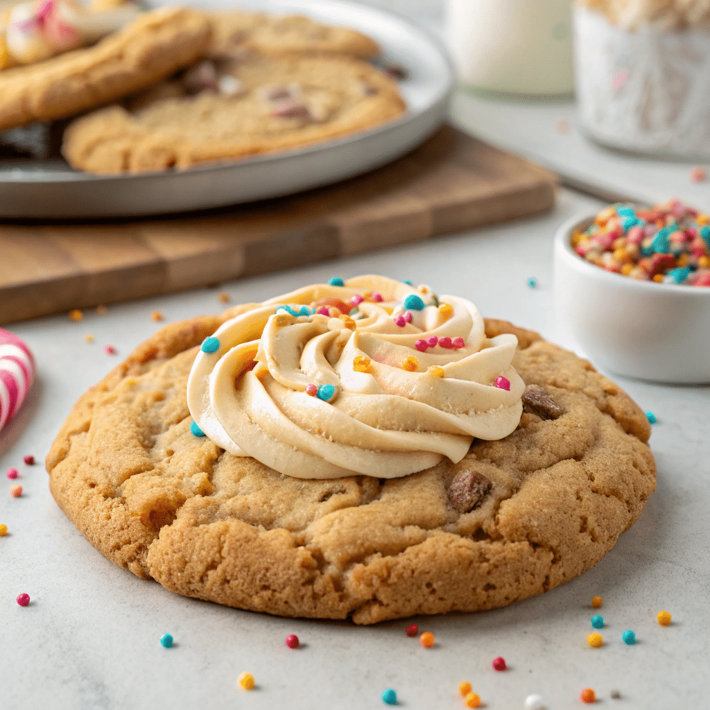 Crumbl cookie topped with a swirl of vanilla buttercream frosting and colorful sprinkles, with more cookies and a bowl of sprinkles in the background.