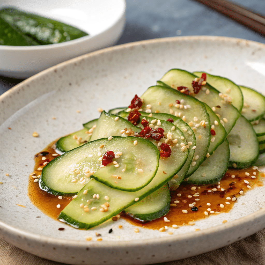 Din Tai Fung cucumber salad with thin cucumber slices, sesame seeds, chili flakes, and soy dressing on a ceramic plate.