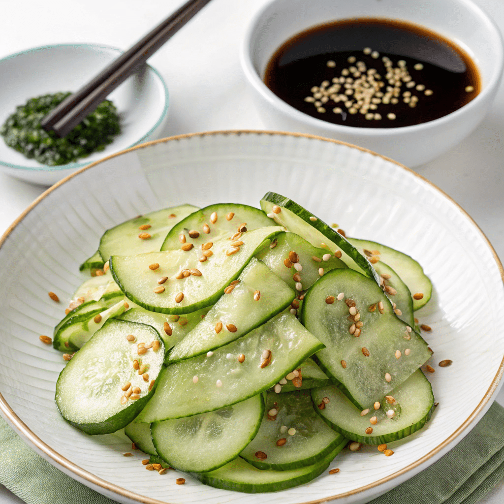 Plate of thinly sliced Din Tai Fung cucumber salad topped with toasted sesame seeds, served with soy dipping sauce and green herb paste in the background.