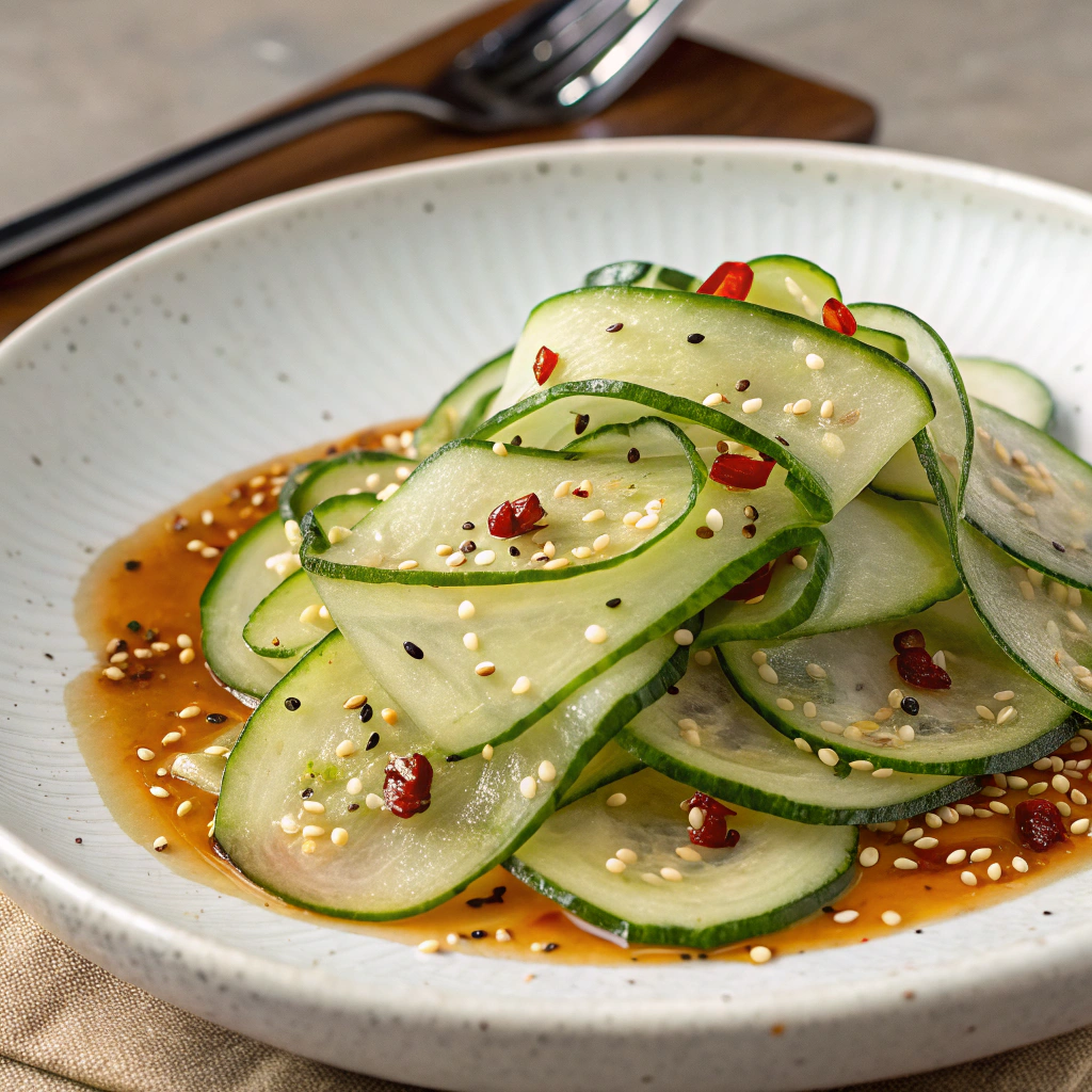 Din Tai Fung cucumber salad on a speckled plate with sesame seeds, red chili, and soy-based dressing, served with utensils in the background.