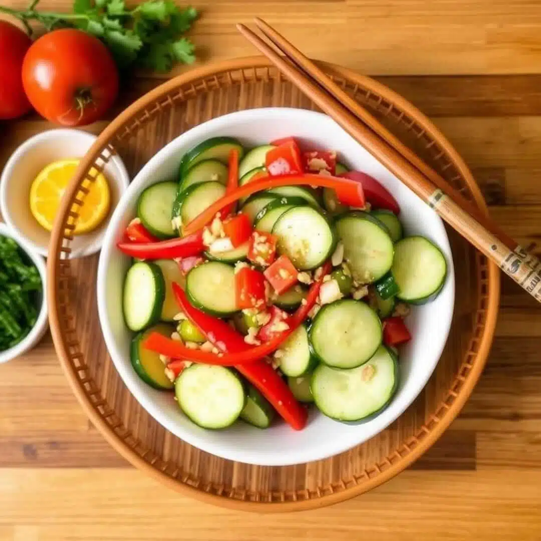 Fresh cucumber and red bell pepper salad in a white bowl, served on a bamboo tray with wooden chopsticks, accompanied by small bowls of lemon and herbs.