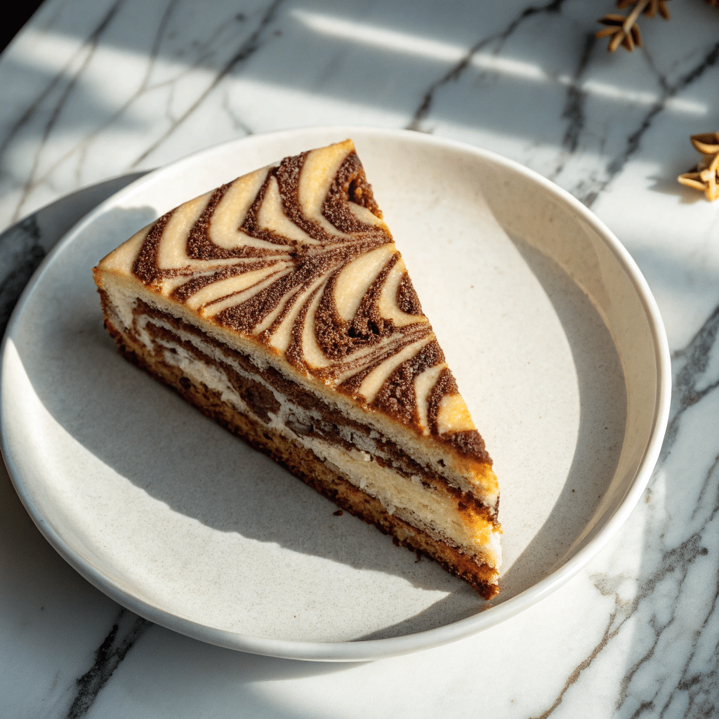 Slice of zebra cake with chocolate and vanilla swirled layers, served on a white plate with a marble background.
