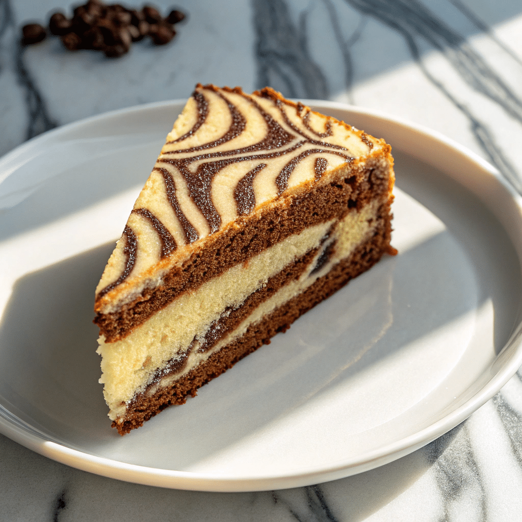 Slice of zebra cake with chocolate and vanilla swirled layers, served on a white plate with a marble background.