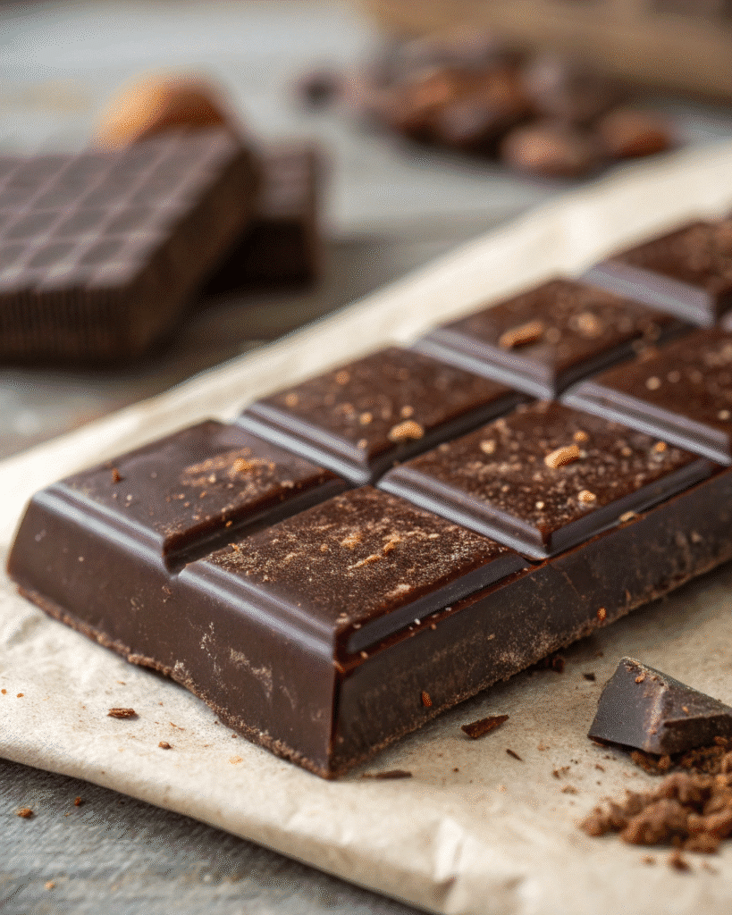 Close-up of a dark Dubai chocolate bar with a smooth, glossy finish and fine cocoa dust, resting on parchment paper.