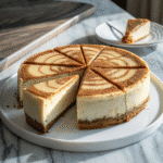 Churro cheesecake with a swirl pattern of cinnamon sugar on top, thick creamy layers, and a slice removed, served on a white plate.