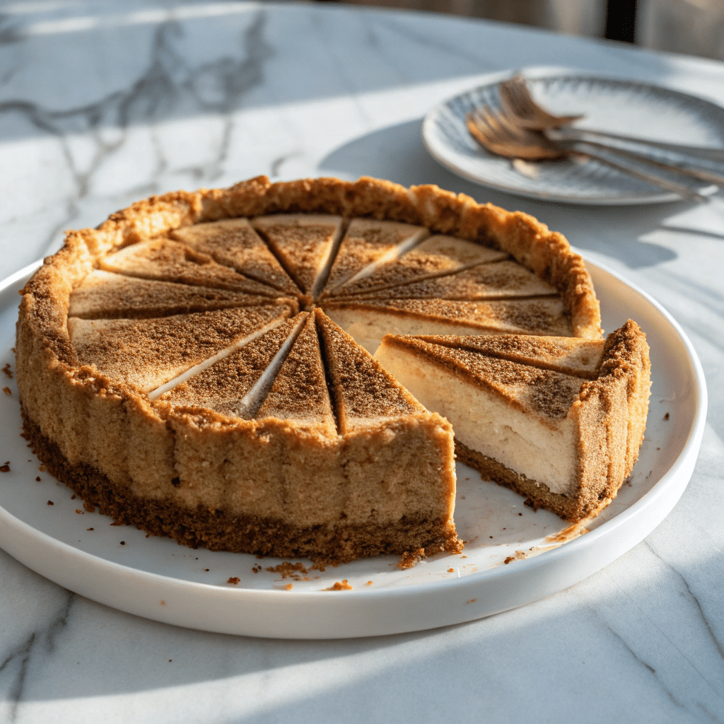 Sliced churro cheesecake with a thick cinnamon-sugar crust, creamy filling, and defined edges, served on a white plate in natural light.
