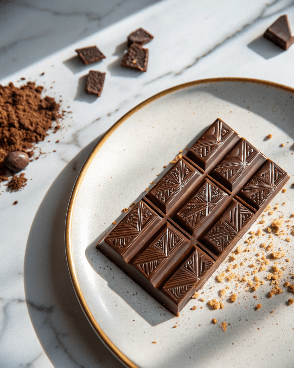 Overhead view of a Dubai chocolate bar with intricate geometric patterns, served on a white plate with chocolate pieces and cocoa powder.