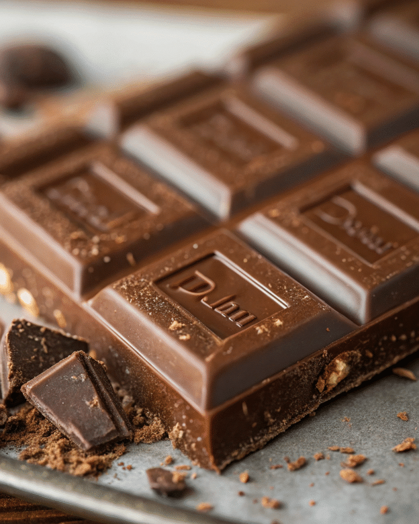 Close-up of a Dubai chocolate bar with deep grooves and chocolate chunks, surrounded by cocoa powder and chocolate pieces.