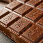 Macro shot of a milk Dubai chocolate bar with branded squares and a dusting of cocoa powder, showing detailed texture.