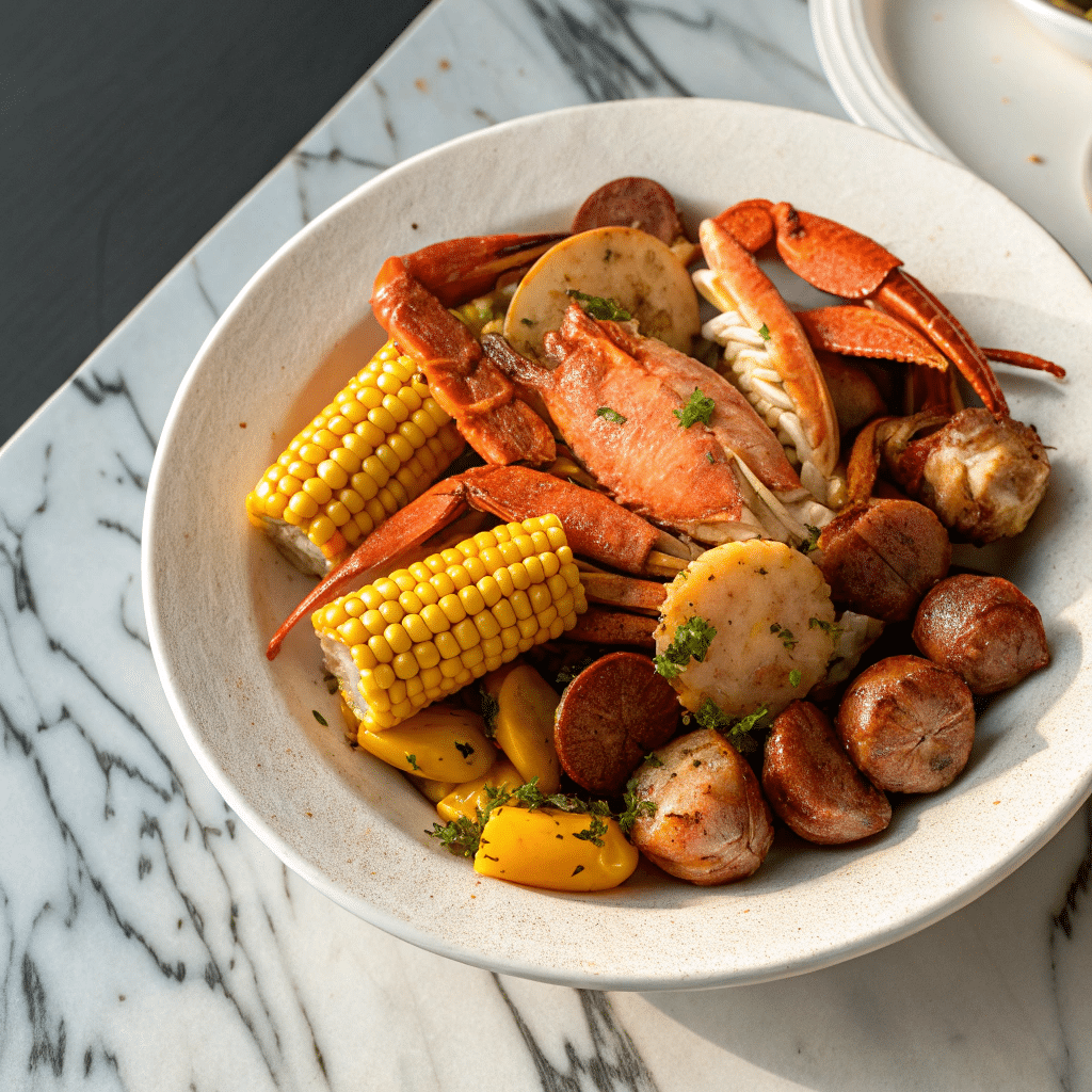 Cajun crab boil in a white bowl with whole crab, corn on the cob, sausage, potatoes, and yellow peppers, topped with chopped parsley.