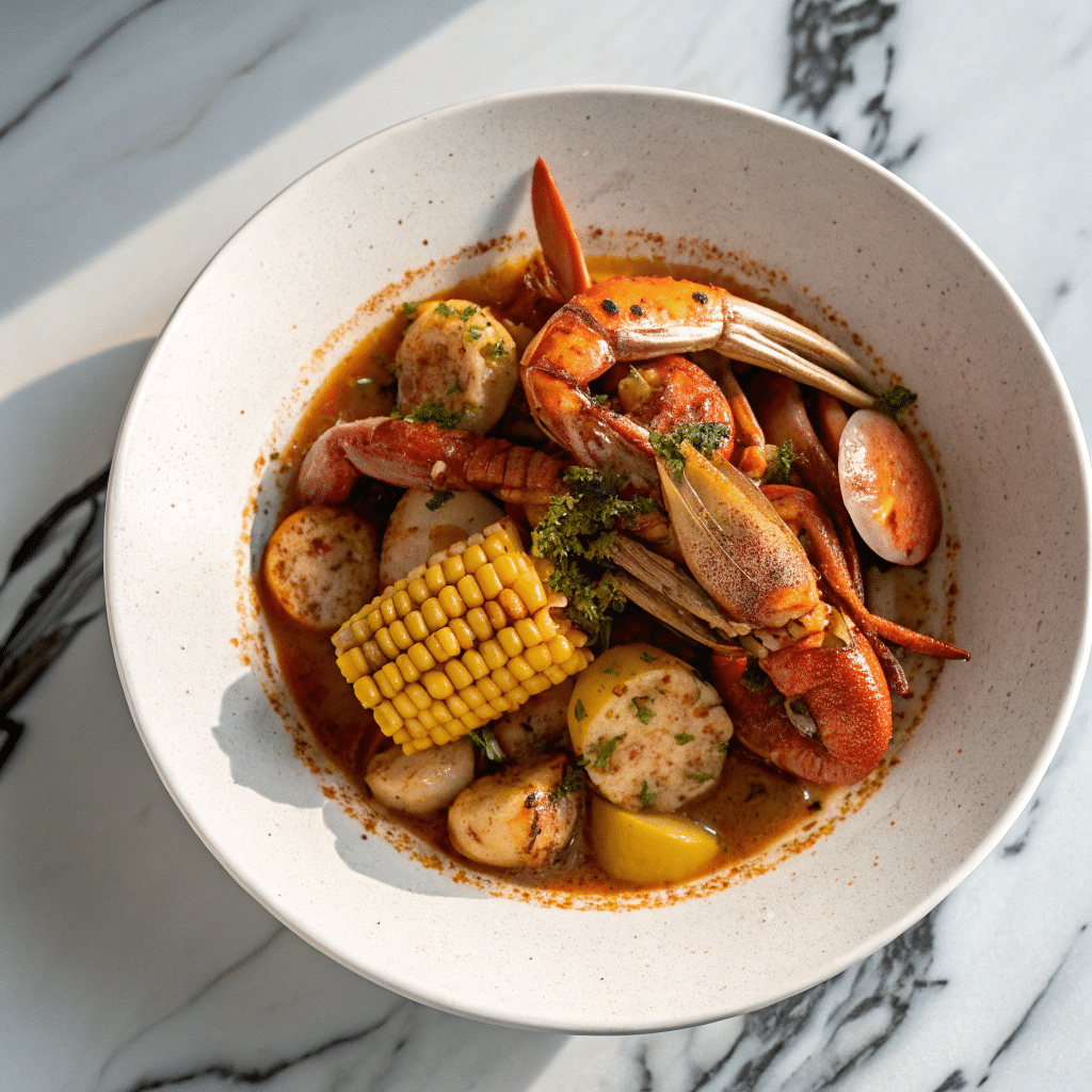 Bowl of Cajun crab boil with crab legs, corn on the cob, potatoes, sausage, and fresh herbs in a spicy broth, presented on a marble surface.