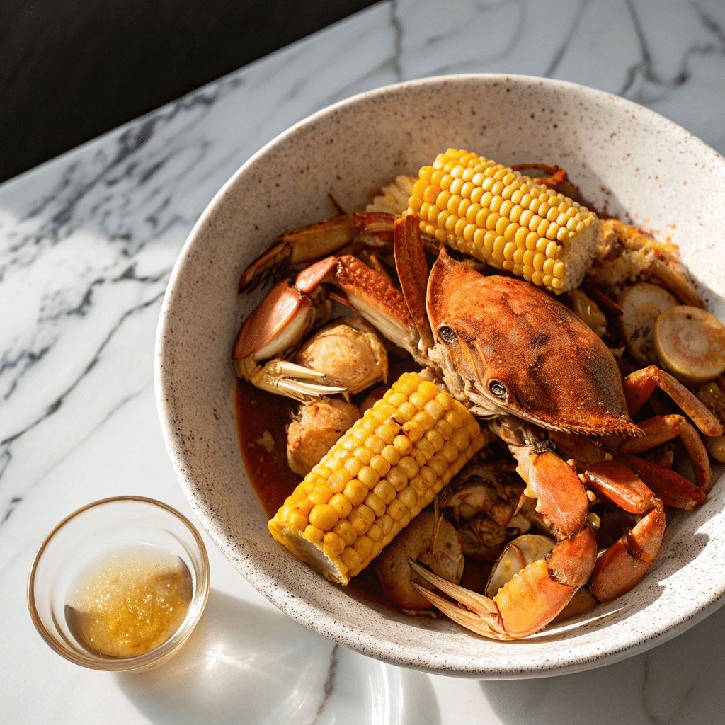 Overhead view of a bowl of Cajun crab boil featuring whole crab, corn on the cob, potatoes, and sausage, served with a side of melted butter on a marble table.