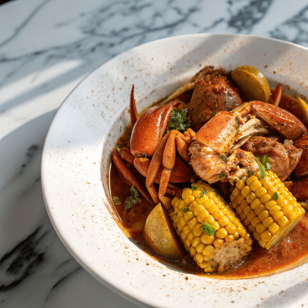 Close-up of Cajun crab boil with crab claws, corn on the cob, potatoes, and sausage in a spicy broth, served in a white bowl on a marble table.