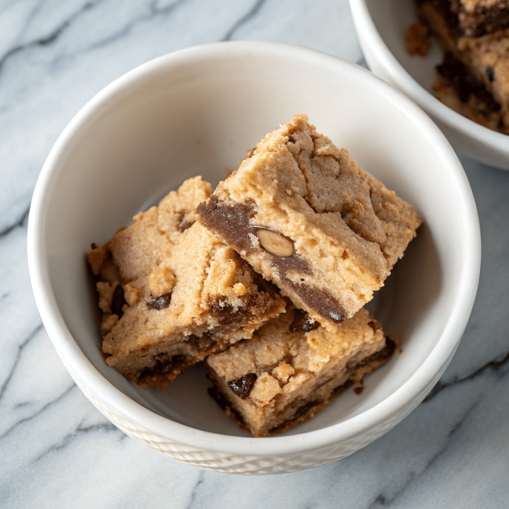 Close-up of cake mix cookie bars with chocolate chips and nuts, served in a small white bowl on a marble surface.
