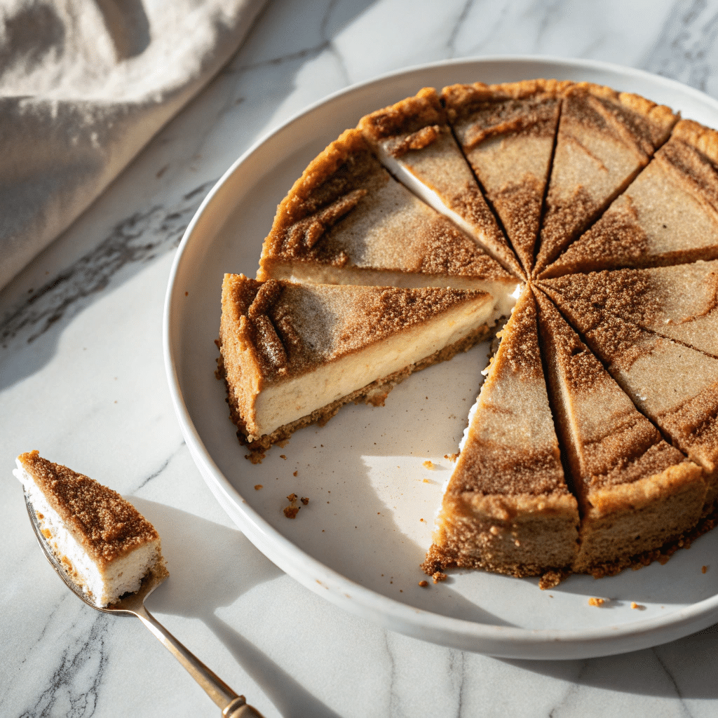 Overhead view of churro cheesecake with a cinnamon-sugar topping, a slice removed, and a piece on a spoon, highlighting the creamy texture.