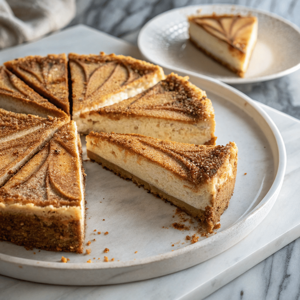 Churro cheesecake with decorative cinnamon-sugar patterns on top, thick creamy layers, and a slice served on a plate in the background.