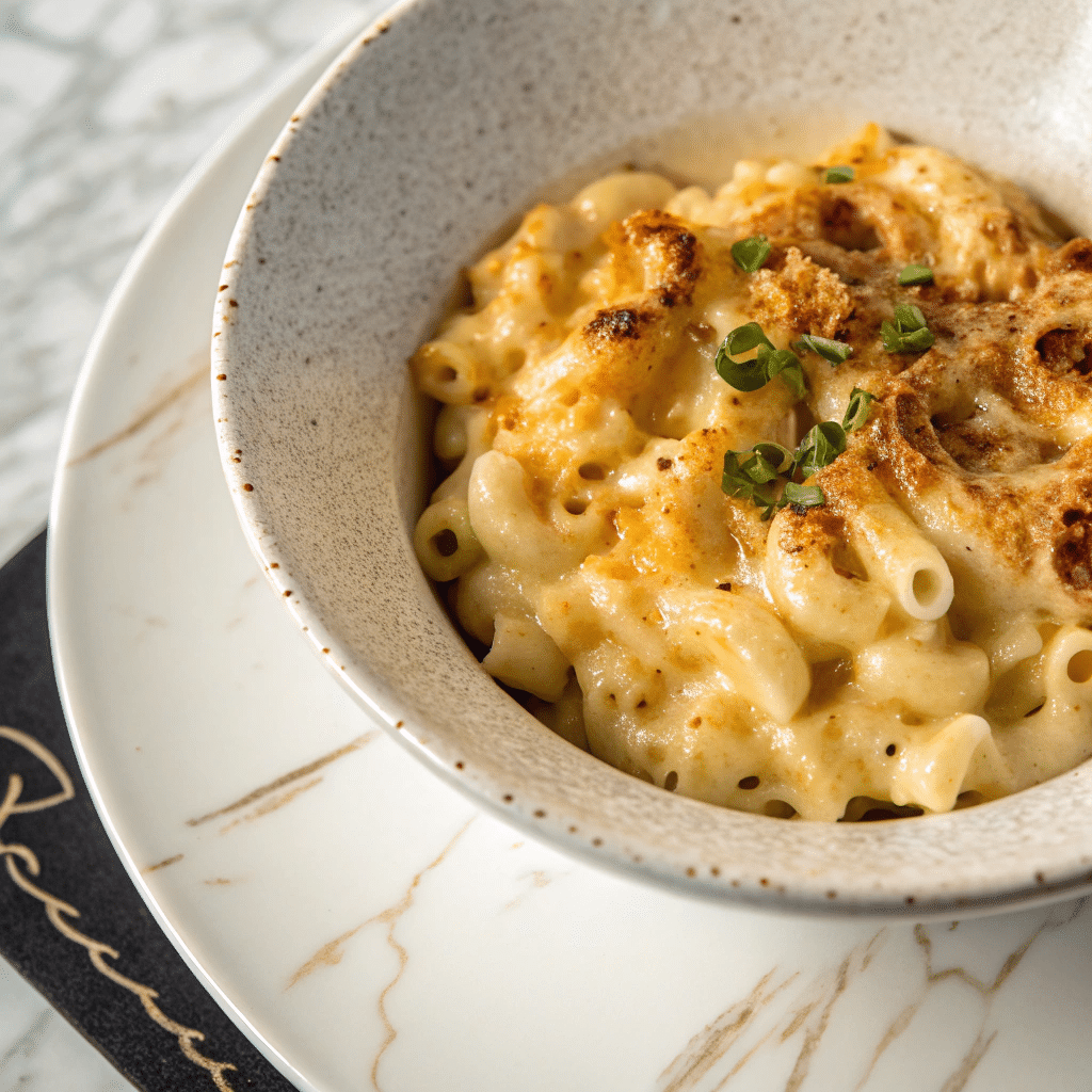 Close-up of Tini’s Mac and Cheese in a speckled bowl, featuring golden baked cheese crust and fresh chopped herbs on top.