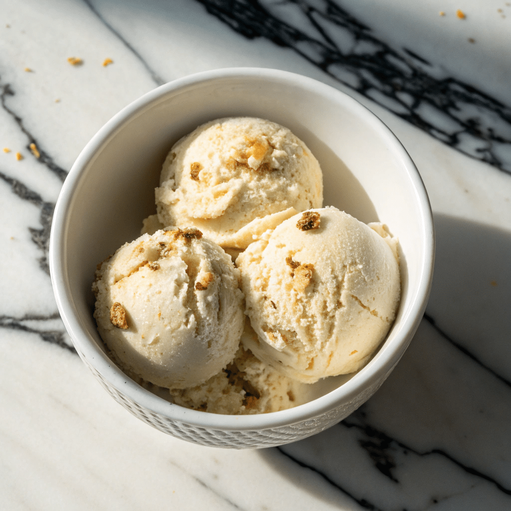 Three scoops of vanilla ice cream with cookie crumbles served in a white bowl on a marble surface.