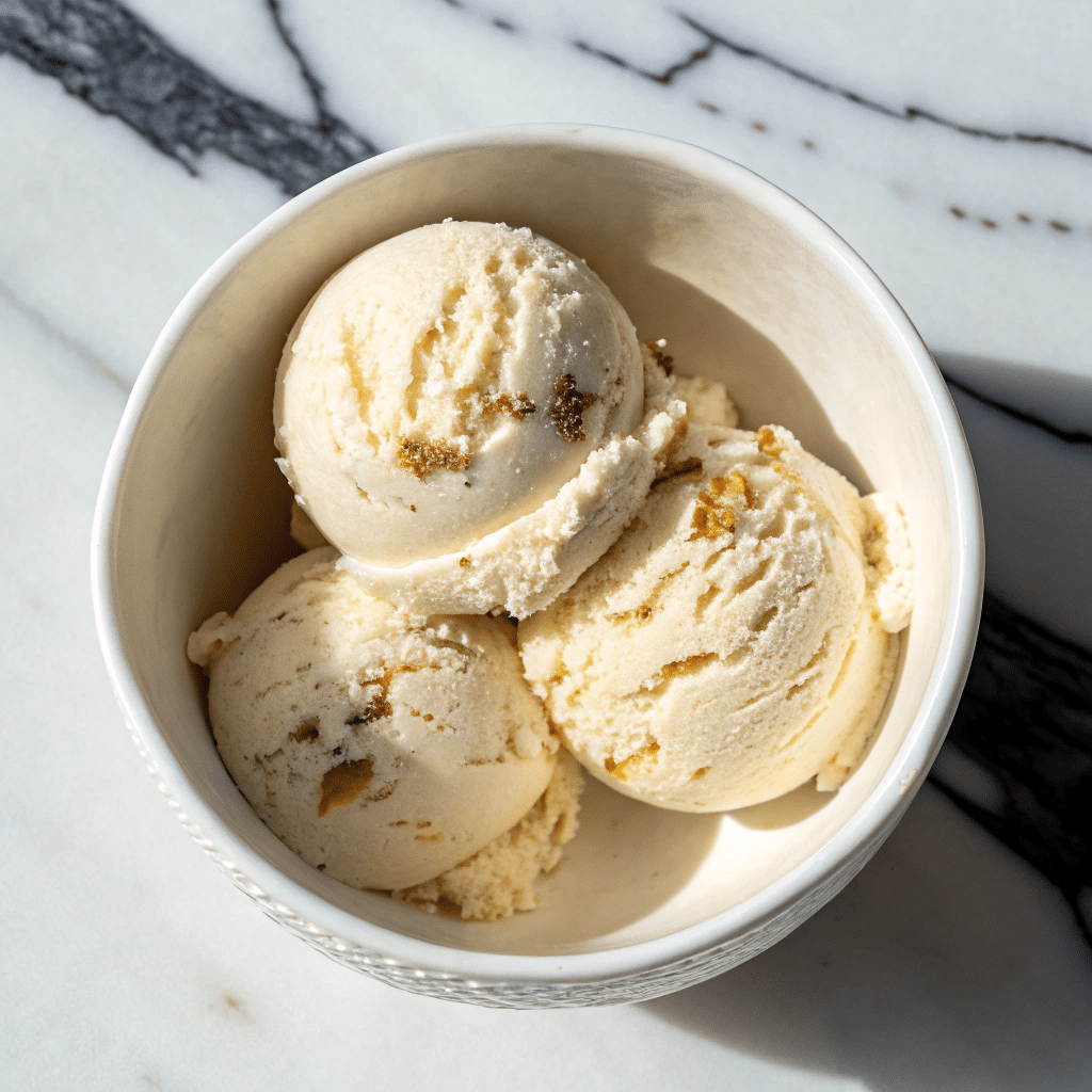 Three scoops of vanilla ice cream with cookie crumbles served in a white bowl on a marble surface.